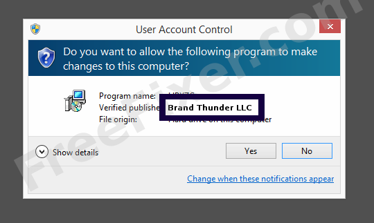 Screenshot where Brand Thunder LLC appears as the verified publisher in the UAC dialog